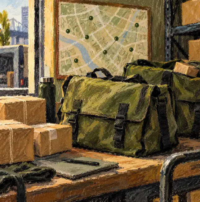 Illustration of courier businesses equipment and workspace